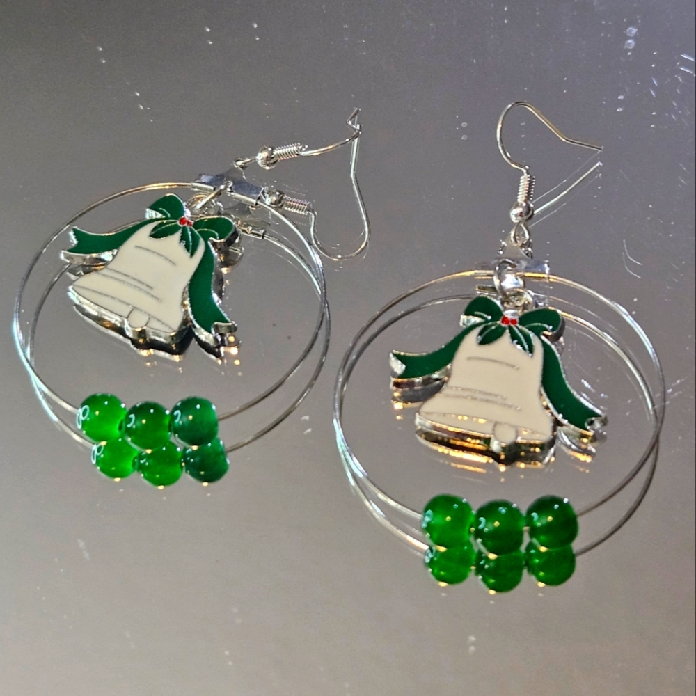 Elegant Silver and Green Bell Earrings - Picture 1 of 4